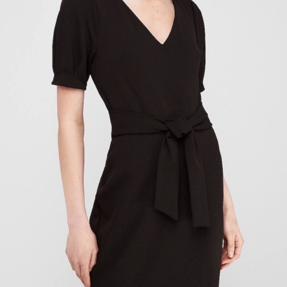 Express Black Midi Dress with V-Neck and Tie Waist